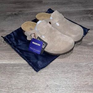 Birkenstock Boston Taupe Suede Leather Soft Footbed Clogs